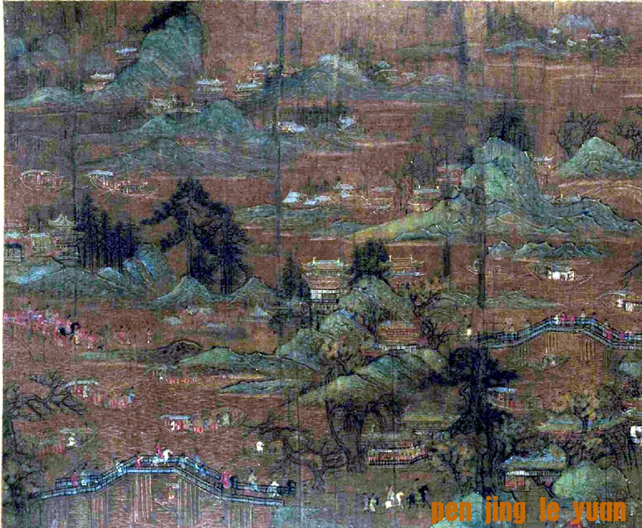 李思训《宫苑图》卷，绢本设色，纵23.9横77.2.jpg